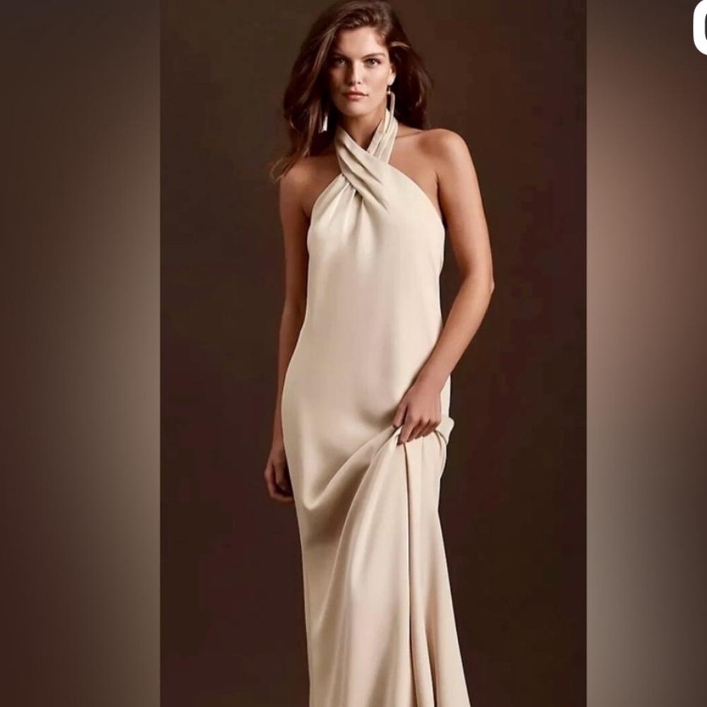 BHLDN by Anthropologie Ruby Twist Halter Satin Gown in Champagne